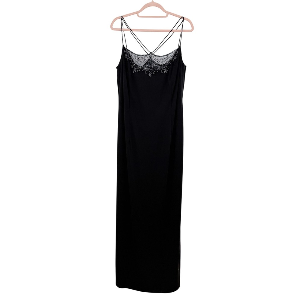 VTG Dave & Johnny Womens Maxi‎ Dress 15/16 Black Beaded Formal 90s Goth Romantic